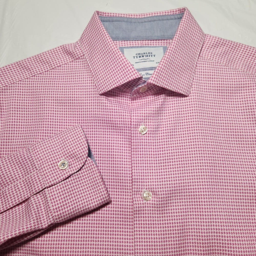 Charles Tyrwhitt Mens Pink  Houndstooth Print Long Sleeve Button Up Size 16.5x35